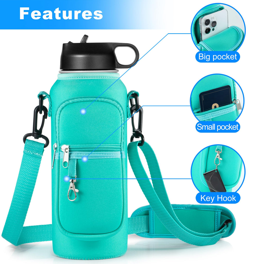 RRegeny Water Bottle Holder with Strap for Hydroflask 32oz 40oz, Carrier Sling Bag with Phone Pocket Water Bottle Sleeve for Men Women Hiking Camping Travelling（Green 32oz）