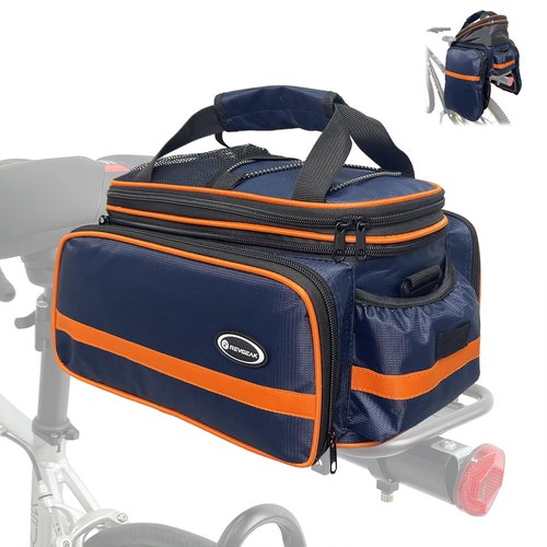 reygeak Bike Rack Bag, 25L Multi-functional Polyester Saddle Trunk Shoulder Panniers for Bicycle, Black Large Capacity Extensible Luggage for Adults, with Rainproof Cover (Blue Orange)