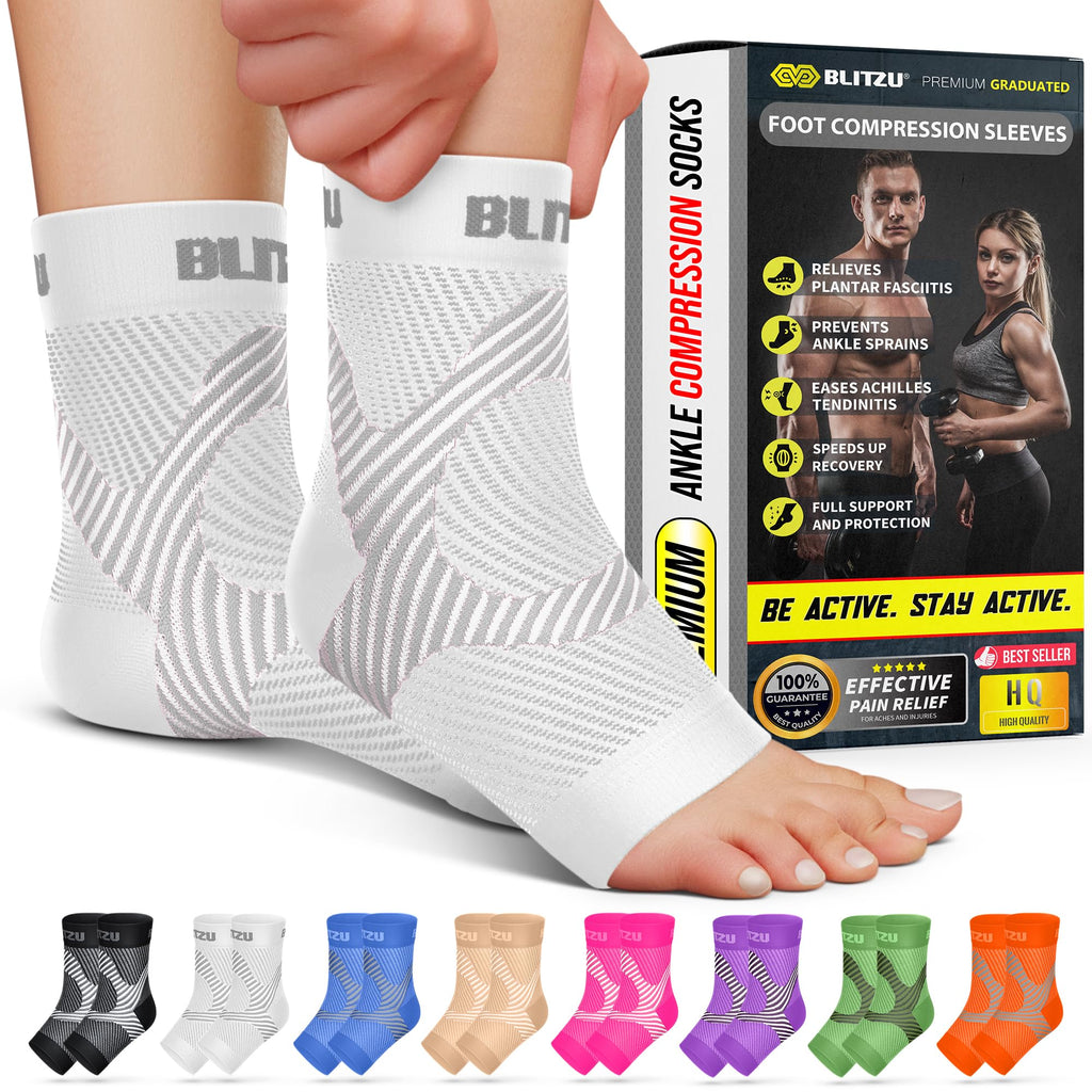 BLITZU Compression Socks for Plantar Fasciitis, Achilles Tendonitis, Arthritis Relief, Ankle Brace Compression Sleeve with Foot Arch Support, Ankle Wrap for Women, Men, Swelling & Heel Pain White XXL
