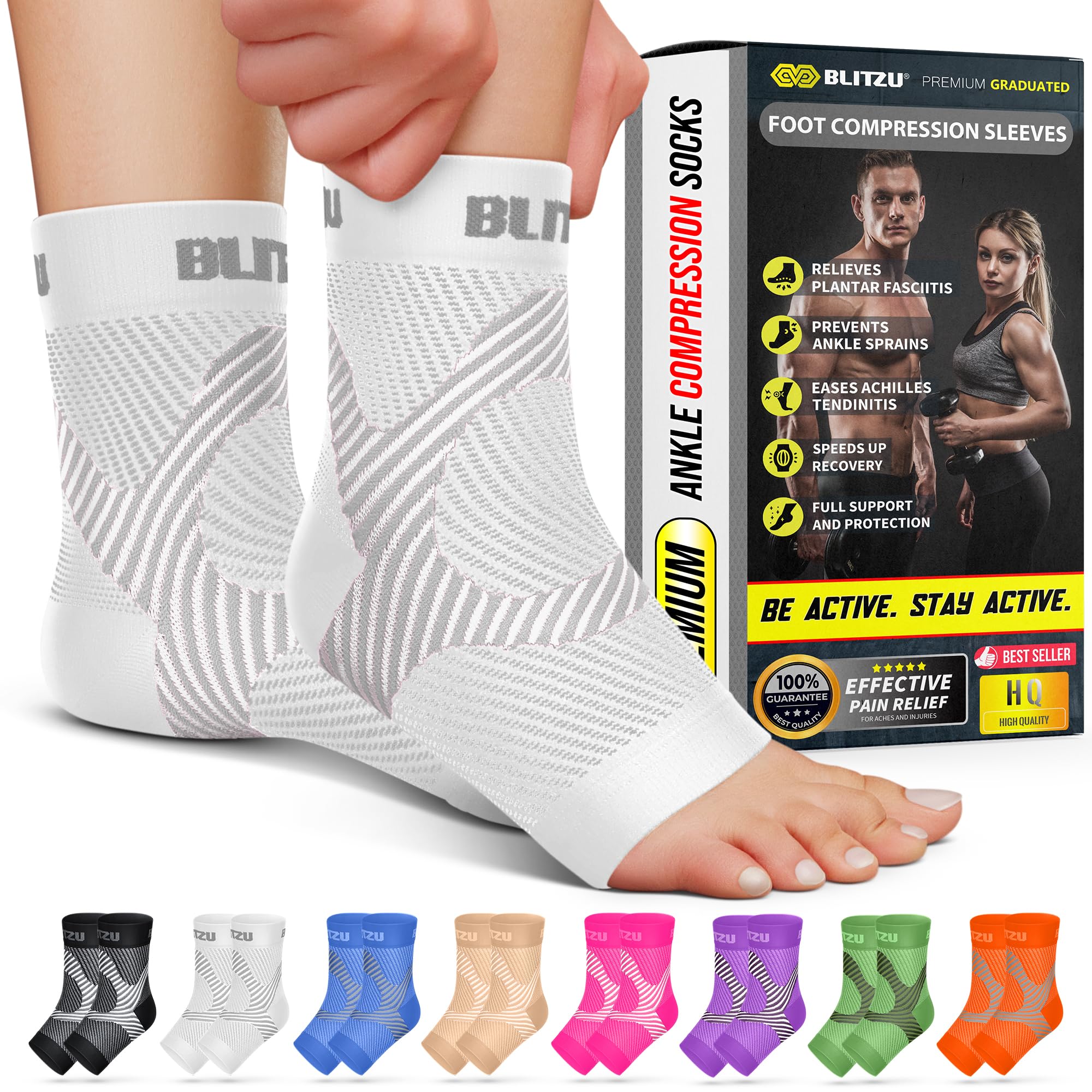 BLITZU Compression Socks for Plantar Fasciitis, Achilles Tendonitis, Arthritis Relief, Ankle Brace Compression Sleeve with Foot Arch Support, Ankle Wrap for Women, Men, Swelling & Heel Pain White XXL