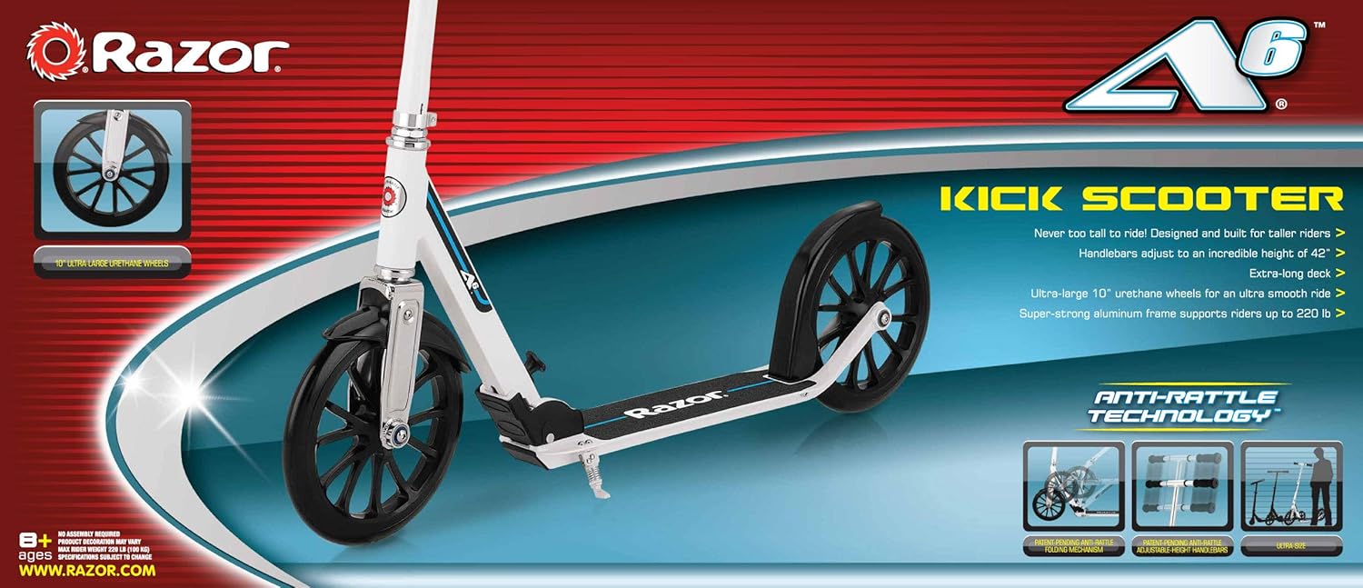 Razor A6 Kick Scooter for Kids 8+ | Extra-Tall Handlebars & Longer Deck, 10" Wheels, Anti-Rattle Tech