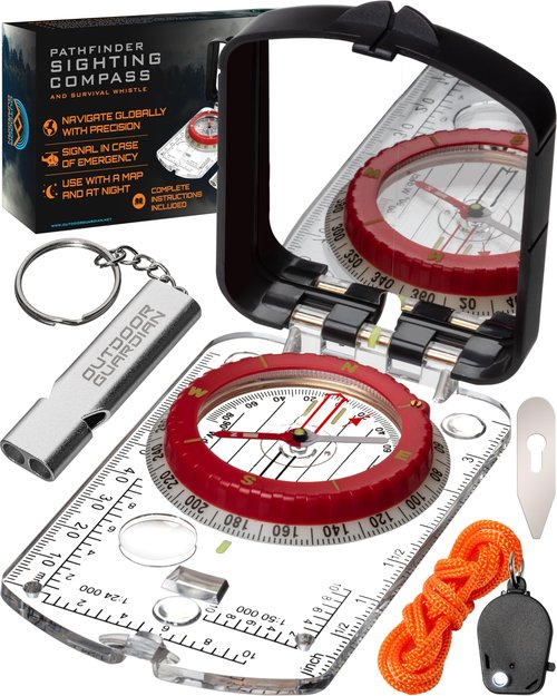 Outdoor Guardian Pathfinder Sighting Compass - Precise Navigation, Hiking and Orienteering Mirror Compass with Luminous Bezel, Adjustable Declination, Clinometer, LED and Survival Whistle, Scout Gifts