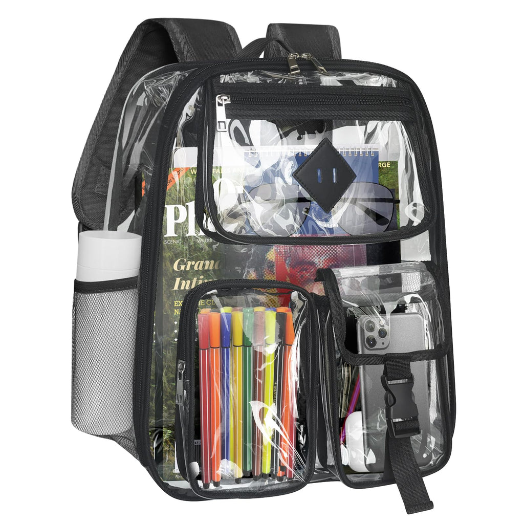 Clear Backpack Heavy Duty Large PVC Transparent See Through Backpacks Work Travel Stadium Approved Festival Backpack (Black)