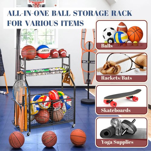 Mythinglogic Sports Ball Storage Cart - Lockable Rolling Locker with Elastic Straps | Stackable Garage Organizer
