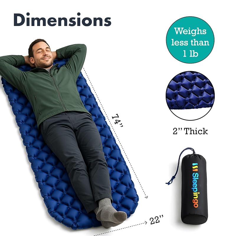 Sleepingo Ultralight Sleeping Mat - Inflatable Camp Pad, 73.5" x 21.5", Blue