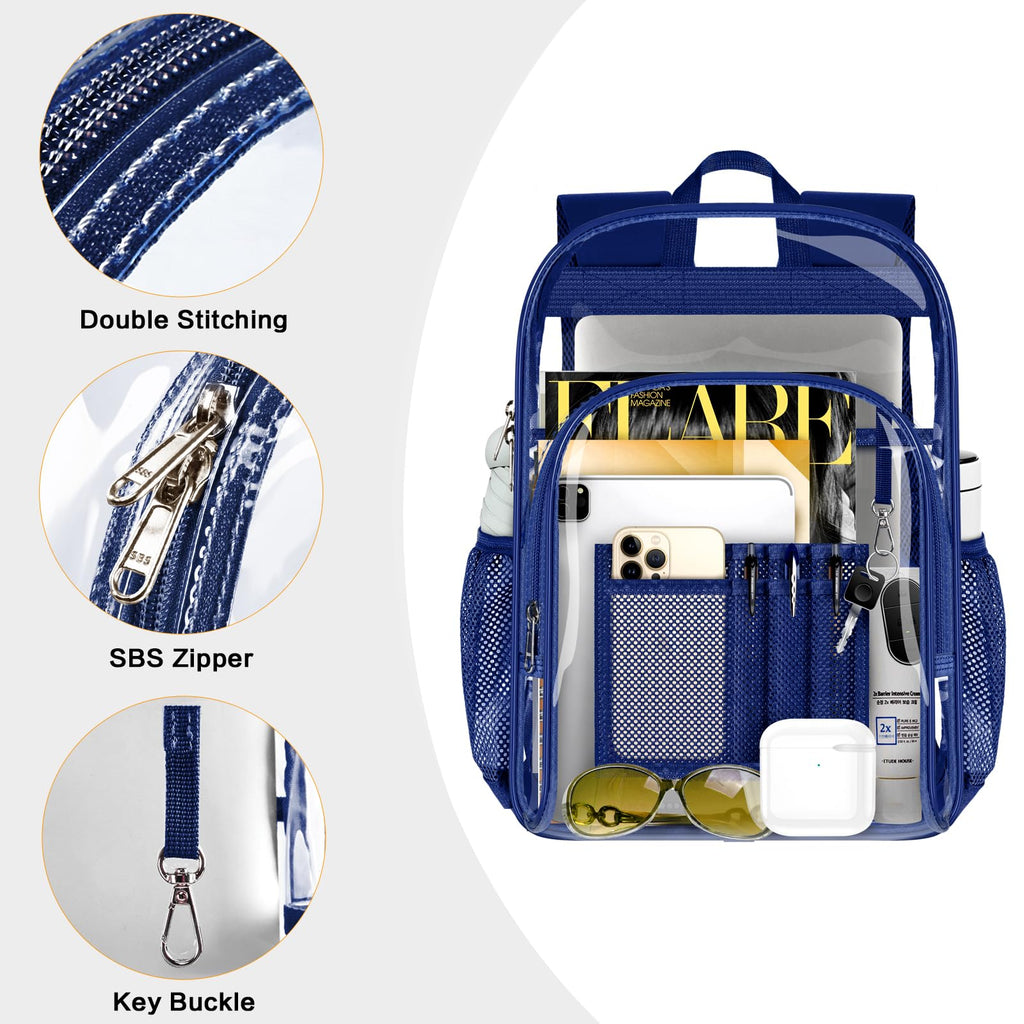 PAMANO Clear Backpack, Heavy Duty Transparent Backpack with Reinforced Bottom See Through for College, Travel, Workplace Security, Navy
