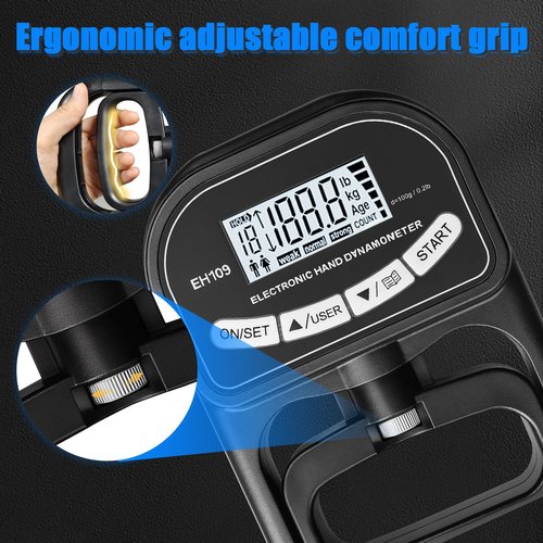 Grip Strength Tester 400 lbs/180 kg with Backlit LCD Display, Digital Hand Grip Dynamometer Records Up to 19 Users, Adjustable Grip Strength Trainer 11–220 lbs for Sports, Rehab, Home & School Use (BLACK)