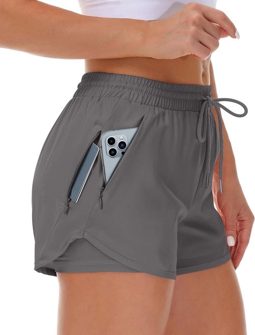 Mancreda Women's Running Shorts - Elastic Workout Shorts with 3 Zipper Pockets | Athletic Gym & Yoga