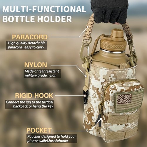 DEFUNX Insulated Half Gallon Water Bottle - 64 oz Tactical Stainless Steel Jug with MOLLE Pouch | Desert Digital Camo