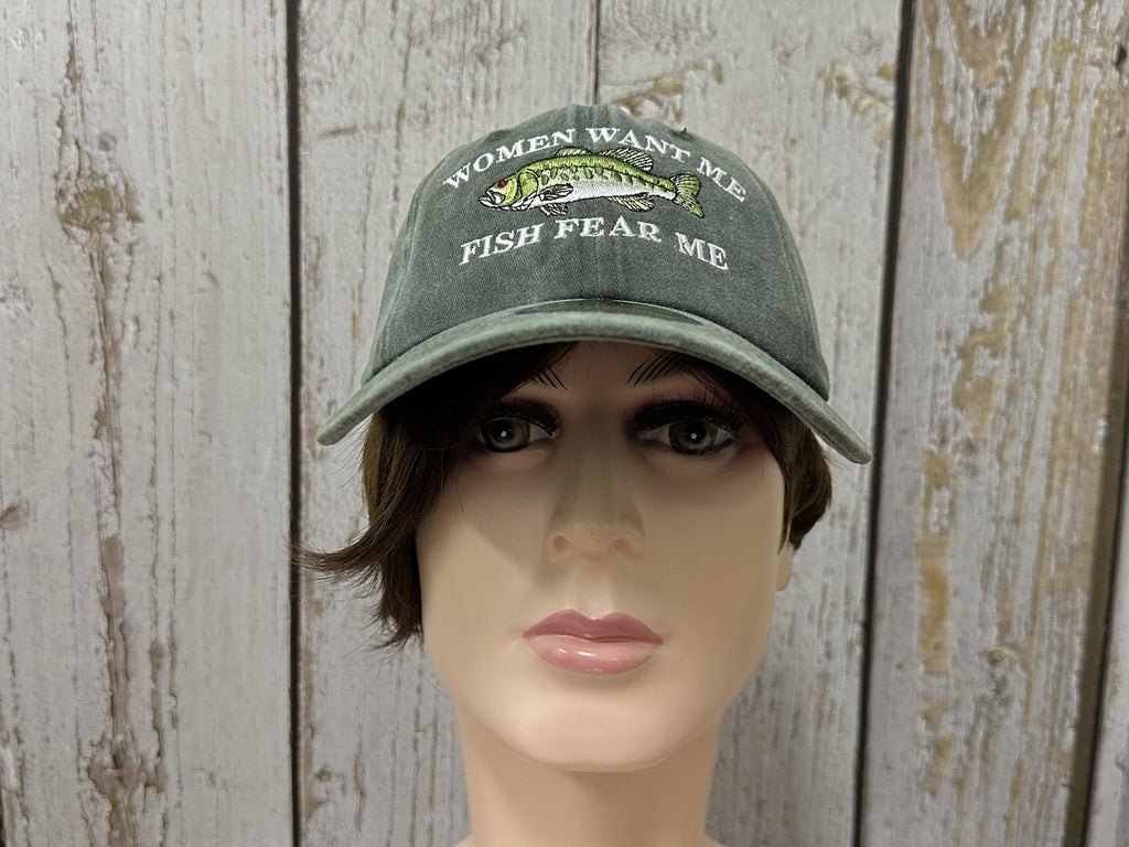 Enodtter Women Want Me Fish Fear Me Hat Trout, Fishing Gifts, Embroidered Army Green Baseball Cap for Men, Adjustable Cotton Dad Hat