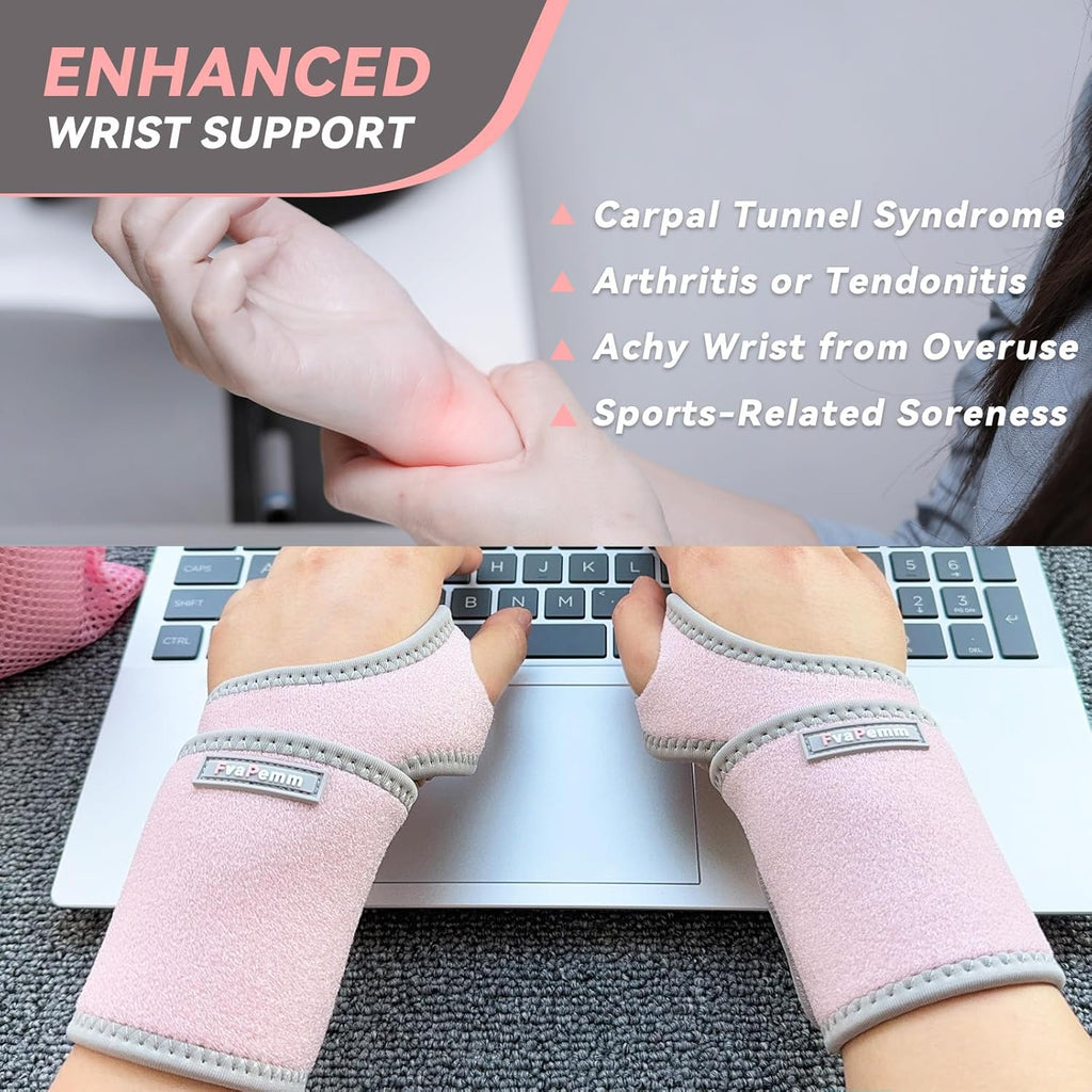 Skiennix Carpal Tunnel Wrist Brace - Adjustable Support Wraps for Tendonitis & Arthritis | 2-Pack, Pink