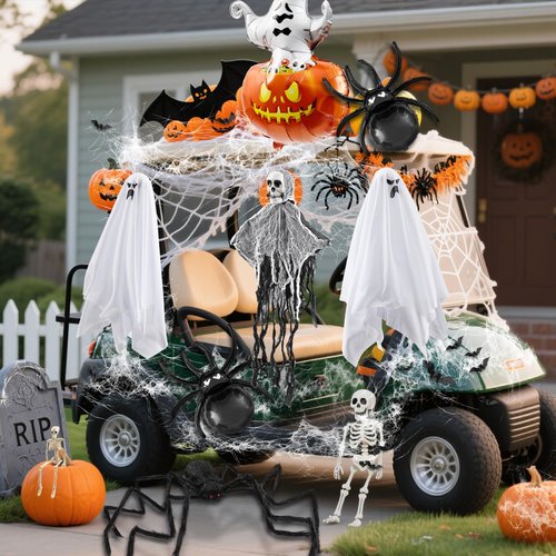 Moucuny 13 Pcs Halloween Golf Cart Decor Kit Spider Cotton Aluminum Film Balloon Spider Ghost Pendant Bat Wall Sticker Skull Ghost Pendant Aluminum Film Ball Skeleton Model for Golf Cart Accessories
