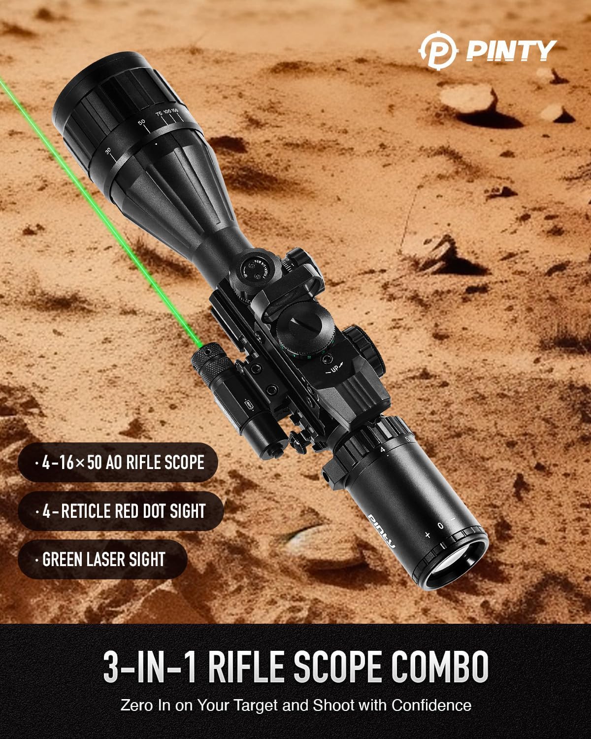 PINTY Tactical Rifle Scope Combo - Illuminated Optics with Red Dot Sight & Laser | 3-9x32, 3-9x40, 4-12x50, 4-16x50