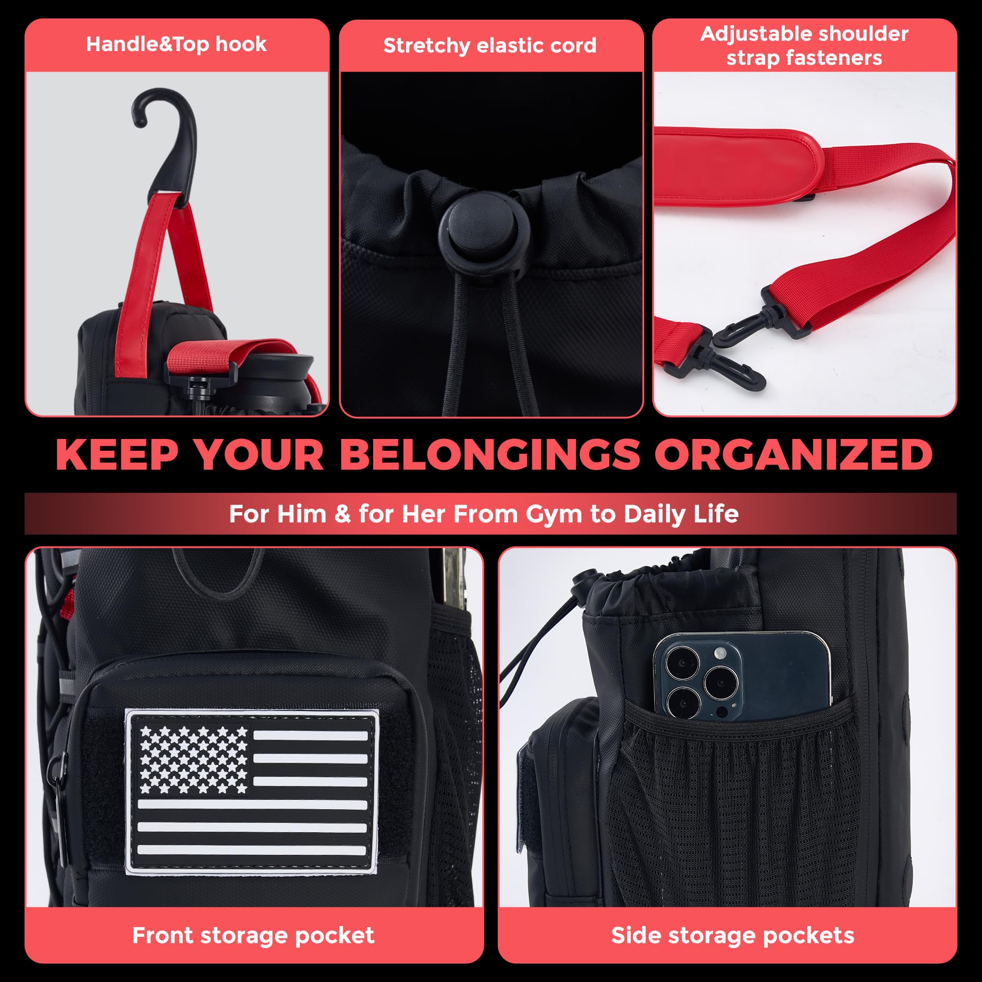 Magnetic Gym Bag & Water Bottle Holder for Gym Equipment, Compact Sling Pouch with 3 Pockets, Strong Magnet Attachment for Squat Racks, Cable Machines & Lockers, Removable Patch, Black