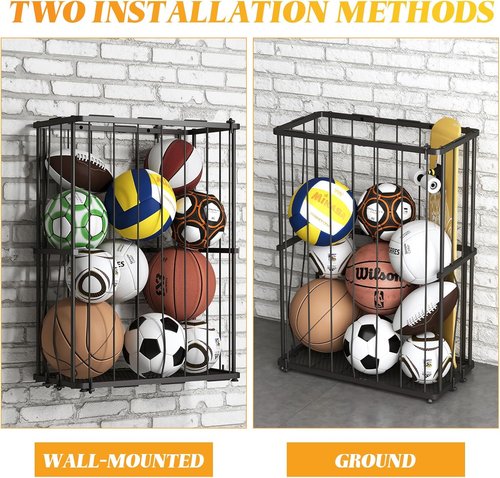 Garage Ball Storage | Wall-Mounted Sports Equipment Organizer - Elastic Rope Holder for Basketball, Soccer, Volleyball, Football - Black