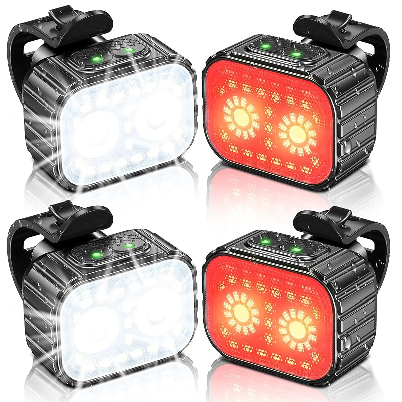 Bike Lights Set 2 LED Front & Rear, Rechargeable, IPX6 Waterproof, Multiple Modes - 2 Led*2
