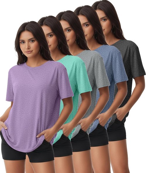 Kinglaman Workout Tops for Women - 5/6 Pack Dry Fit UV Protection Athletic Tees | Perfect for Yoga & Gym