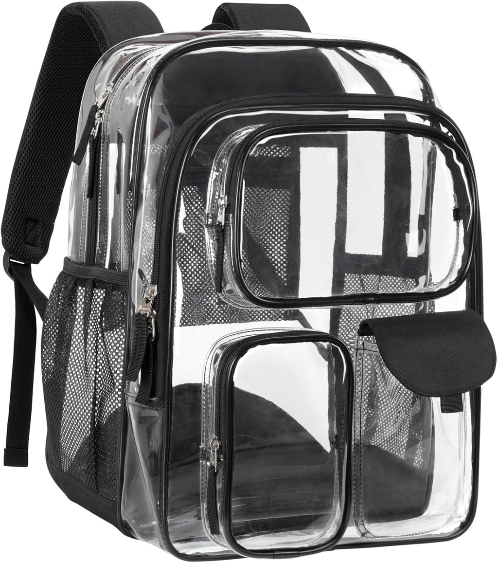 PACKISM Clear Backpack - 18 Inch Heavy Duty Transparent School Bag with 3 Front Pockets, Black
