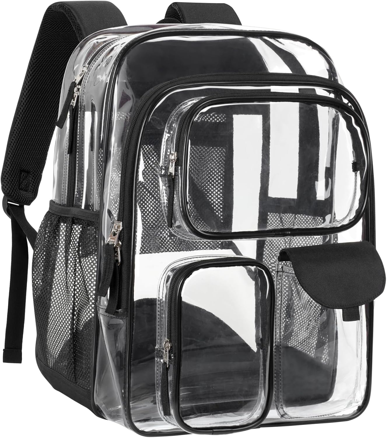 PACKISM Clear Backpack - 18 Inch Heavy Duty Transparent School Bag with 3 Front Pockets, Black