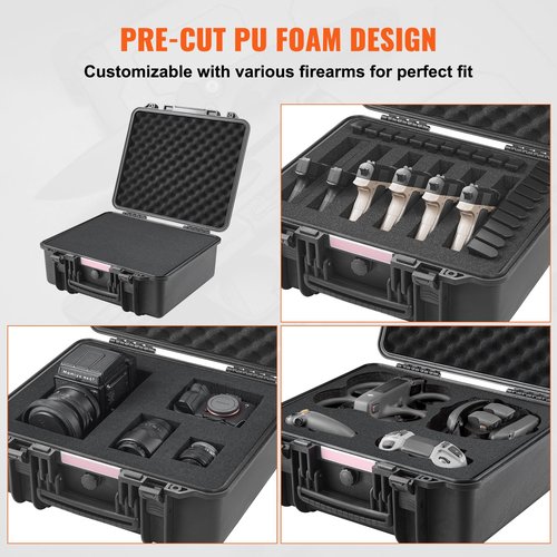 VEVOR Hard Pistol Cases with Customized PU Foam, Waterproof & Dustproof Hard Gun Case for 6 Pistol & 21 Magazine, 19.3×17.1×8.3 in Lockable Pistol Case, Black