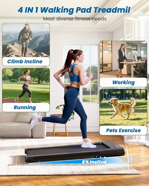 DeerRun Under Desk Treadmill - 6% Manual Incline, 0.6-3.8 MPH, 300 lb Capacity | App & Remote Control for Home Office