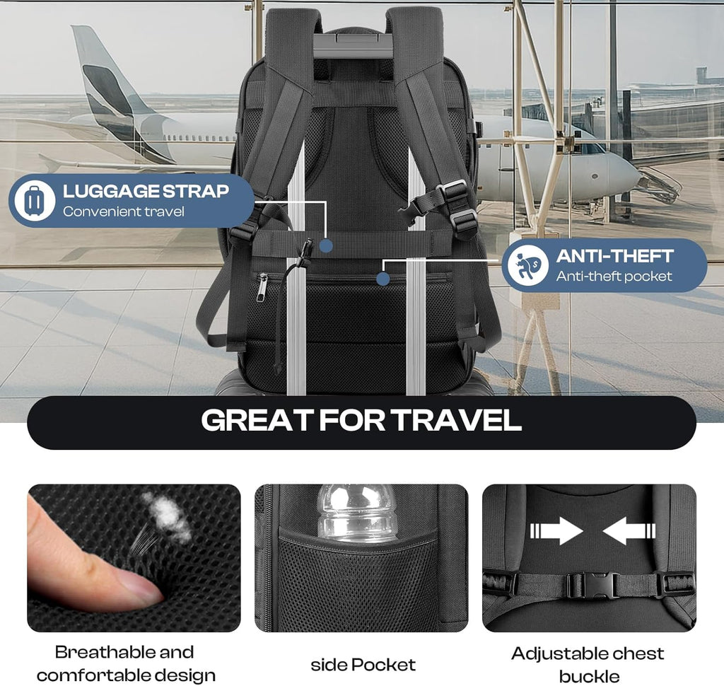 Skiennix Extra Large 55L Carry-On Backpack - TSA Approved, Expandable & Water Resistant for 18.4" Laptops | Black