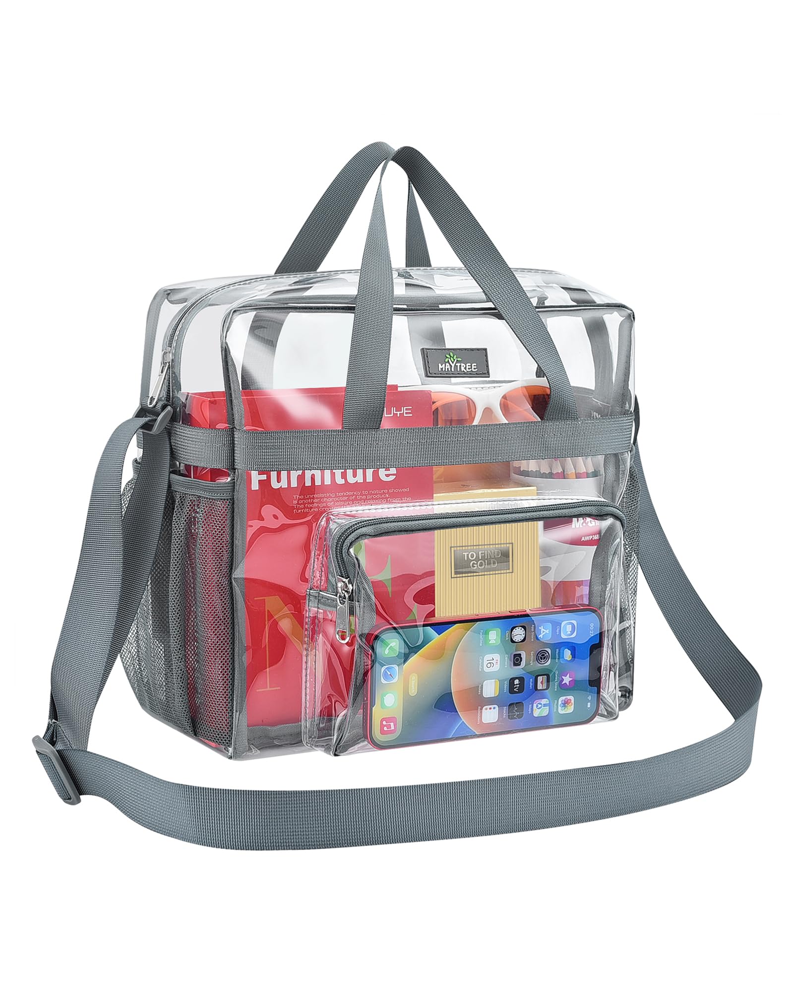 MAY TREE Clear Bag for Stadium Events 12×6×12 Clear Tote Lunch Bag with Reinforced Straps for Work, Sporting Events and Gym, Grey