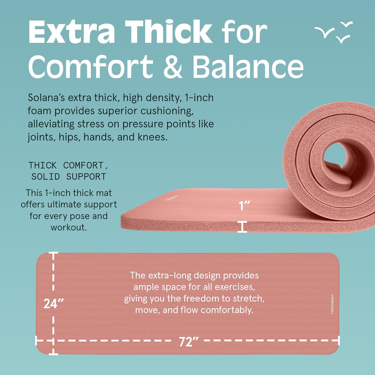Retrospec Solana Yoga Mat - 1" Thick Non-Slip Exercise Mat with Nylon Strap for Home Workouts | Ideal for Yoga, Pilates, Stretching