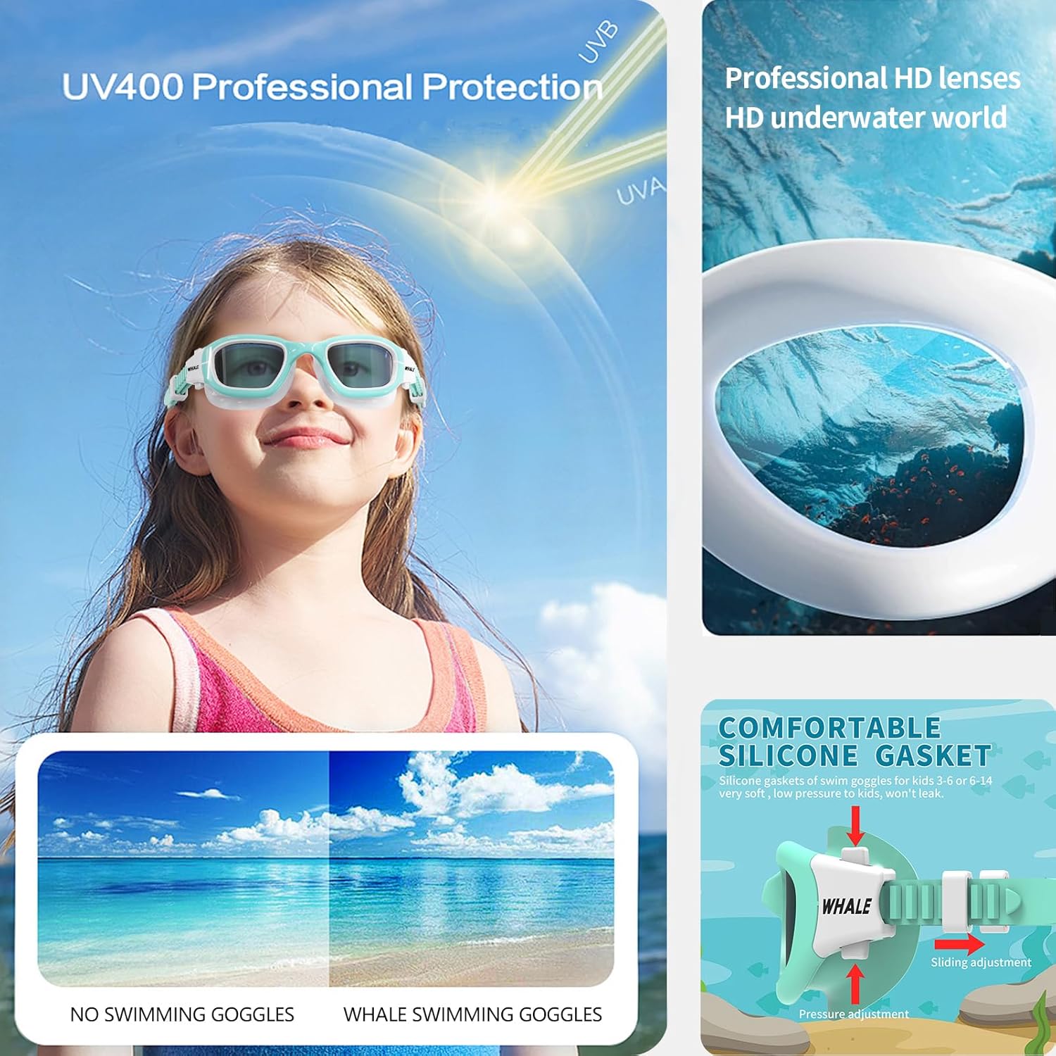 Whale Swim Goggles - A2 GE Patented Polarized Anti-Fog & Anti-UV Goggles for Adults & Youth | Green Frame
