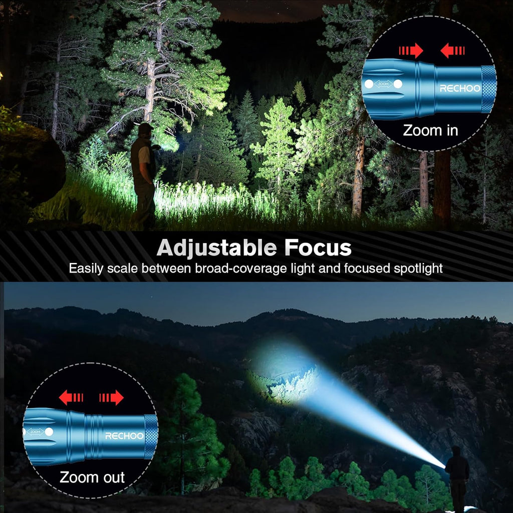 RECHOO LED Flashlight - High Lumens Tactical Flashlights with 3 Modes | Waterproof & Zoomable, 2 Pack