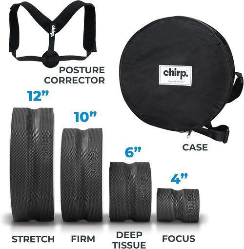 Chirp Wheel | Ultimate Back & Neck Massage Roller Bundle - 4-Pack with Carrying Case, Foam Rollers, Black