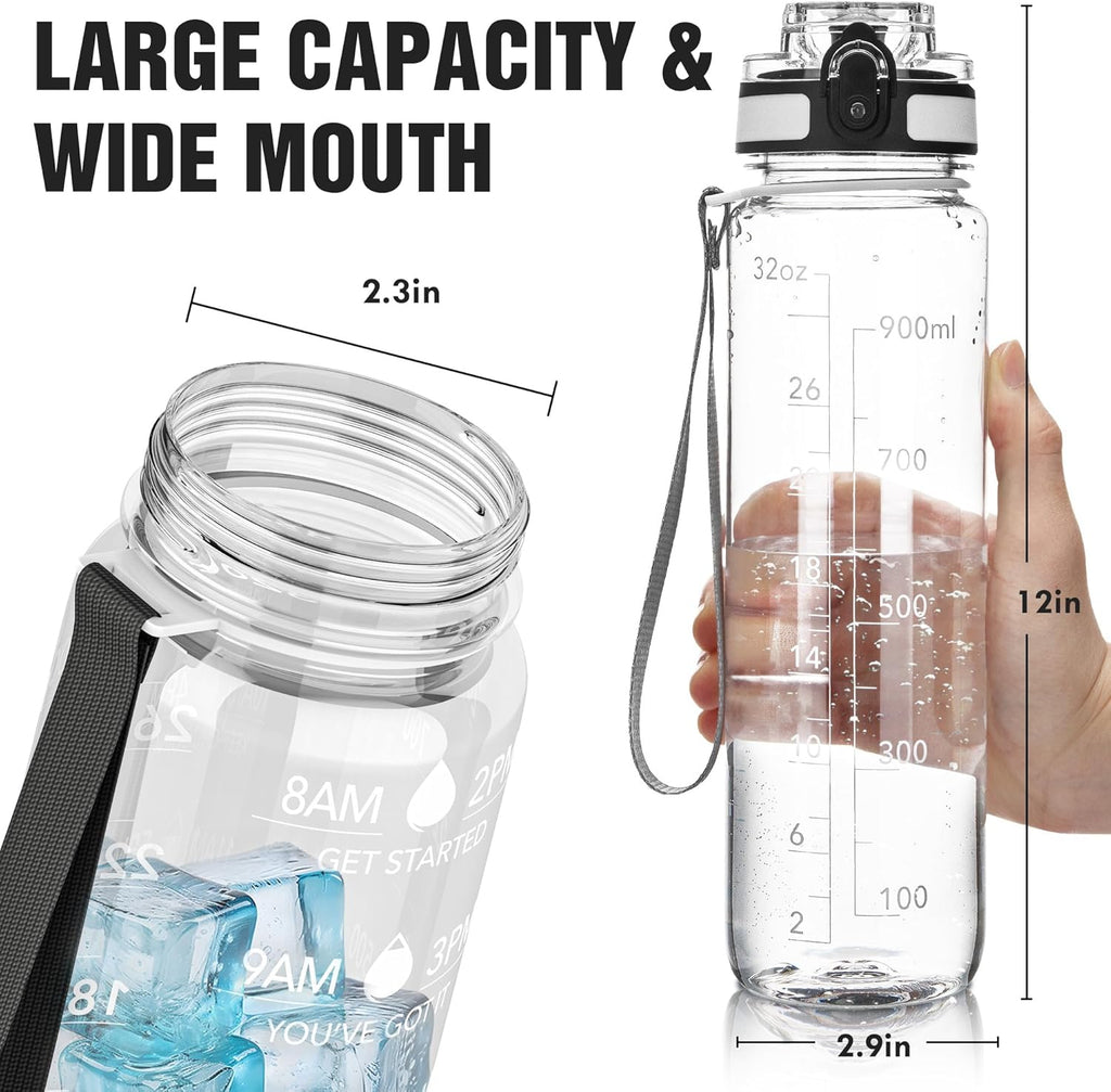 OLDLEY 32oz Motivational Sports Water Bottle - BPA Free, Leakproof, Time Marker, Clear Design