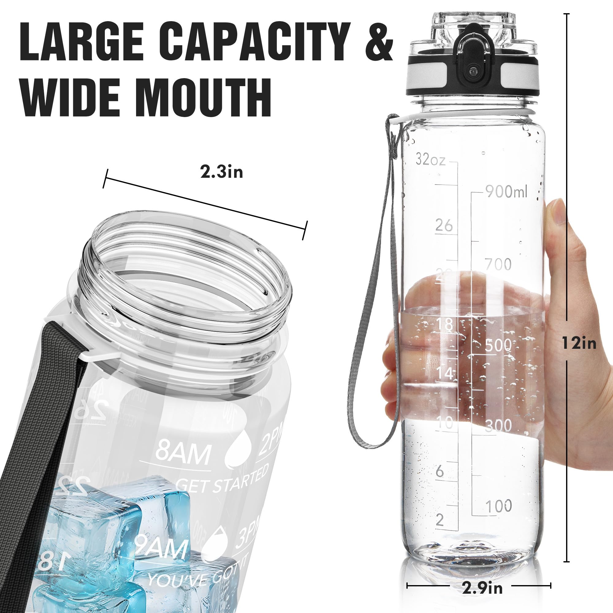 OLDLEY Water Bottle, 32oz Motivational Sports Water Bottle with Time Marker - Times to Drink - Tritan, BPA Free, Wide Mouth Leakproof, Glacier (1 Bottle)