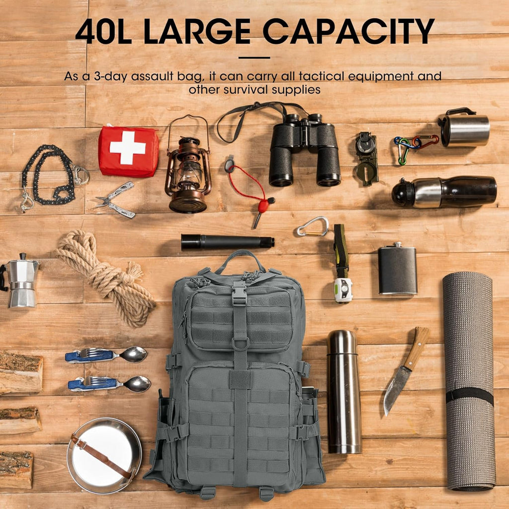 REEWBOW GEAR 40L Tactical Backpack - Heavy Duty Military Daypack for Men | Grey with Bottle Holder