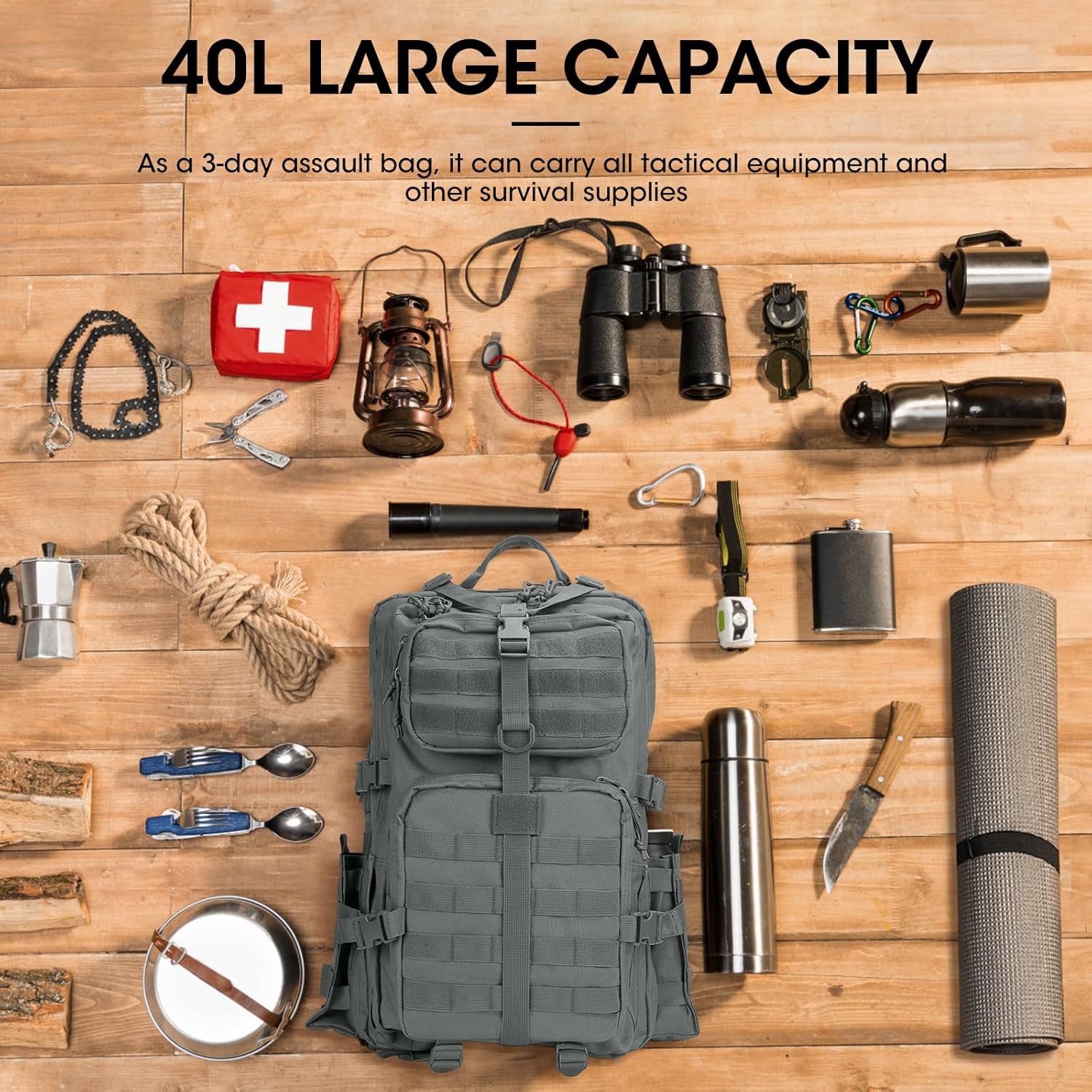 REEWBOW GEAR 40L Tactical Backpack - Heavy Duty Military Daypack for Men | Grey with Bottle Holder