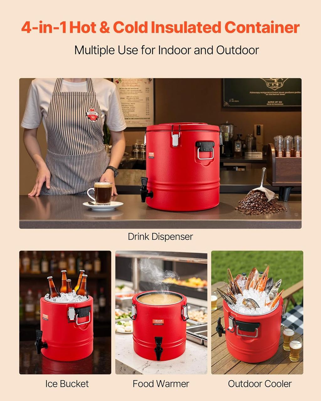 VEVOR Insulated Beverage Dispenser - 8 Gal Thermal Hot & Cold Drink Server with Spigot | Food-Grade 304 Stainless Steel
