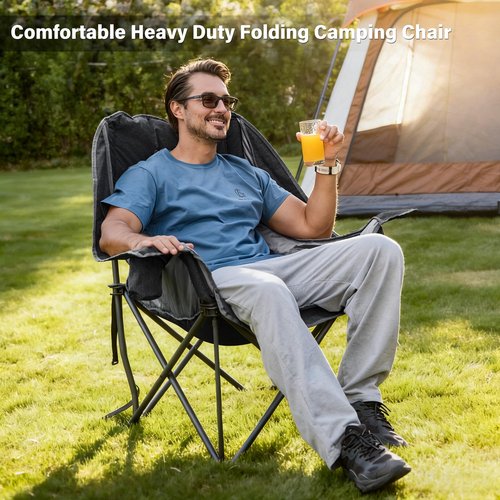 RELAX FIELD Oversized Camping Chair, Portable Folding Padded Camp Chairs with Side Pocket, Cup Holder, Heavy Duty Support 500LBS Outdoor Lounge Chair for Adults, Fishing, Sports, Trip, Black