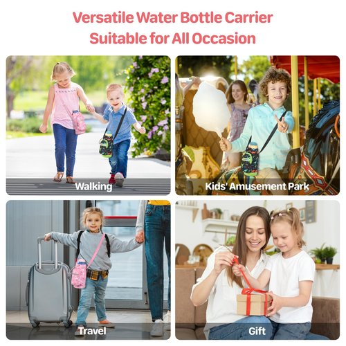 BrainyBees Water Bottle Holder for Kids - Water Bottle Carrier with Zipper Pocket & Strap, Crossbody Sling Bag Fits 10-18 oz, Protective Sleeve for School Hiking, Pink Unicorn