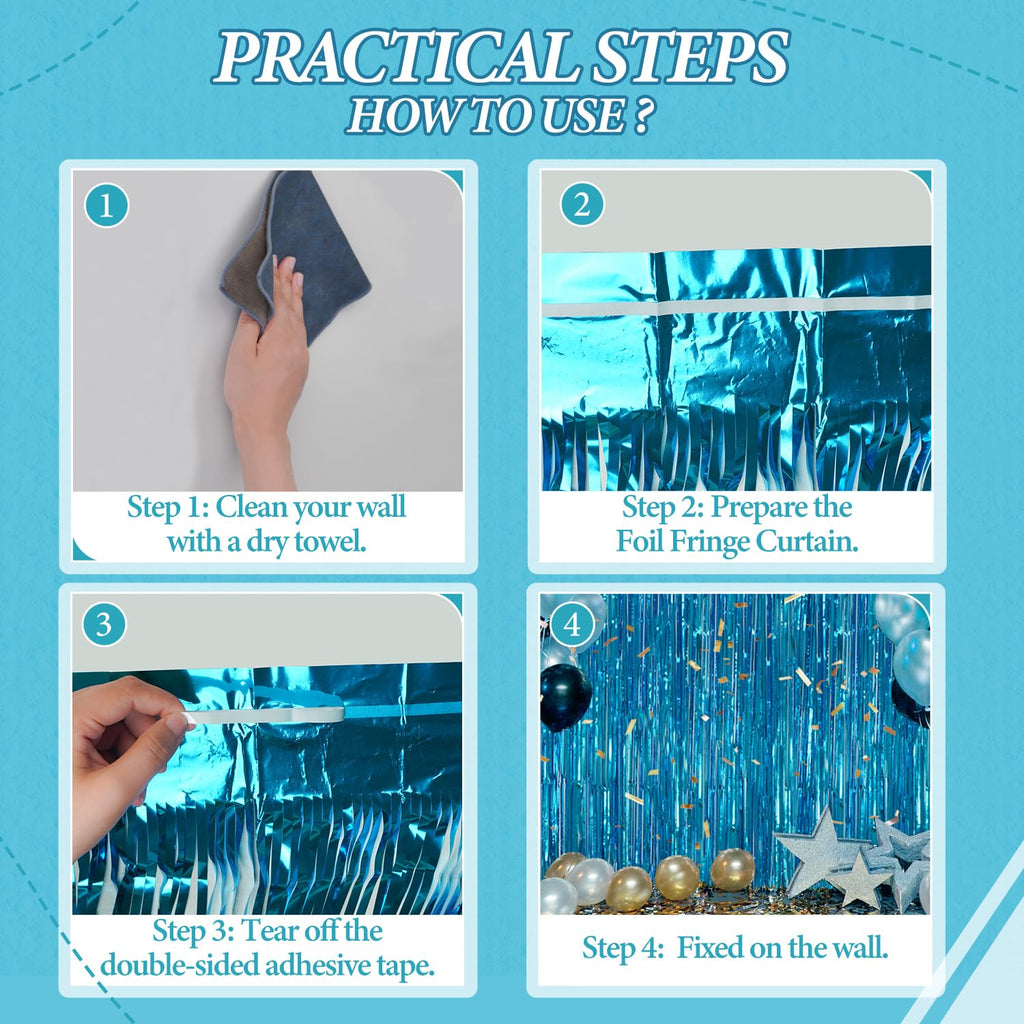 DECOCKRAT 3 Pack Foil Fringe Backdrop - Blue Shiny Tinsel Curtains for Party Decoration/Photo Booth Props - 3.3x8.2 FT Metallic Foil Backdrop for Birthday, Wedding, Graduation, Christmas.