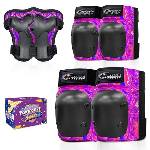 Nattork Knee Pads for Kids Youth Audlt，Knee and Elbow Pads with Wrist Guards 6 in 1 Protective Gear Set for Skateboard, Roller Skate, Inline Skates, Cycling and Scooter Boys Girls