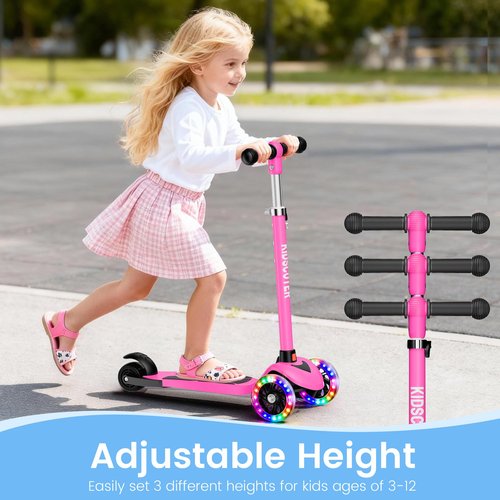 Multicolor Kids Scooter for Ages 3-12, 3 Wheel Lean to Steer Scooter with LED Light-Up Wheels, Adjustable Handlebar, Detachable Easy Storage for Boys & Girls,Pink