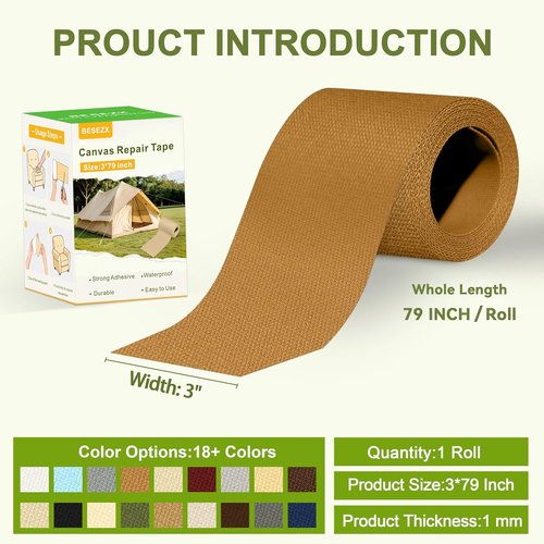 Besezx Canvas Repair Tape - Waterproof Self-Adhesive Fabric Patch for Outdoor Gear | 3" x 79" (Light Brown)