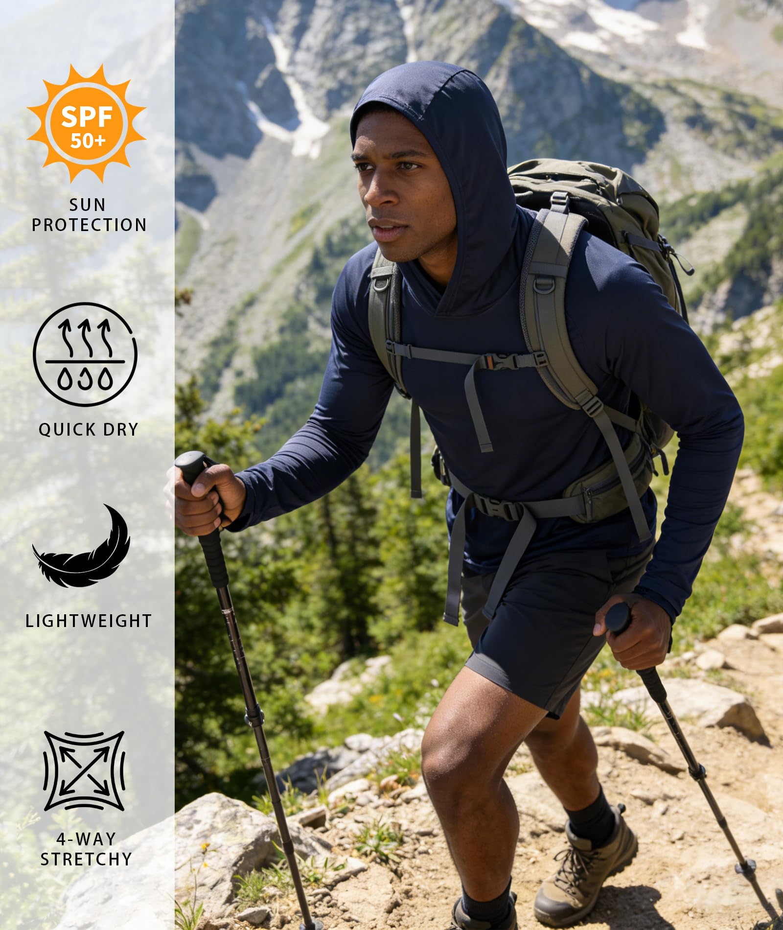 Sun Shirts for Men Long Sleeve Fishing Shirts Sun Hoodies Rash Guard Summer Hooded UPF 50+ Sun Protection Running Athletic Hoodie 5 Pack