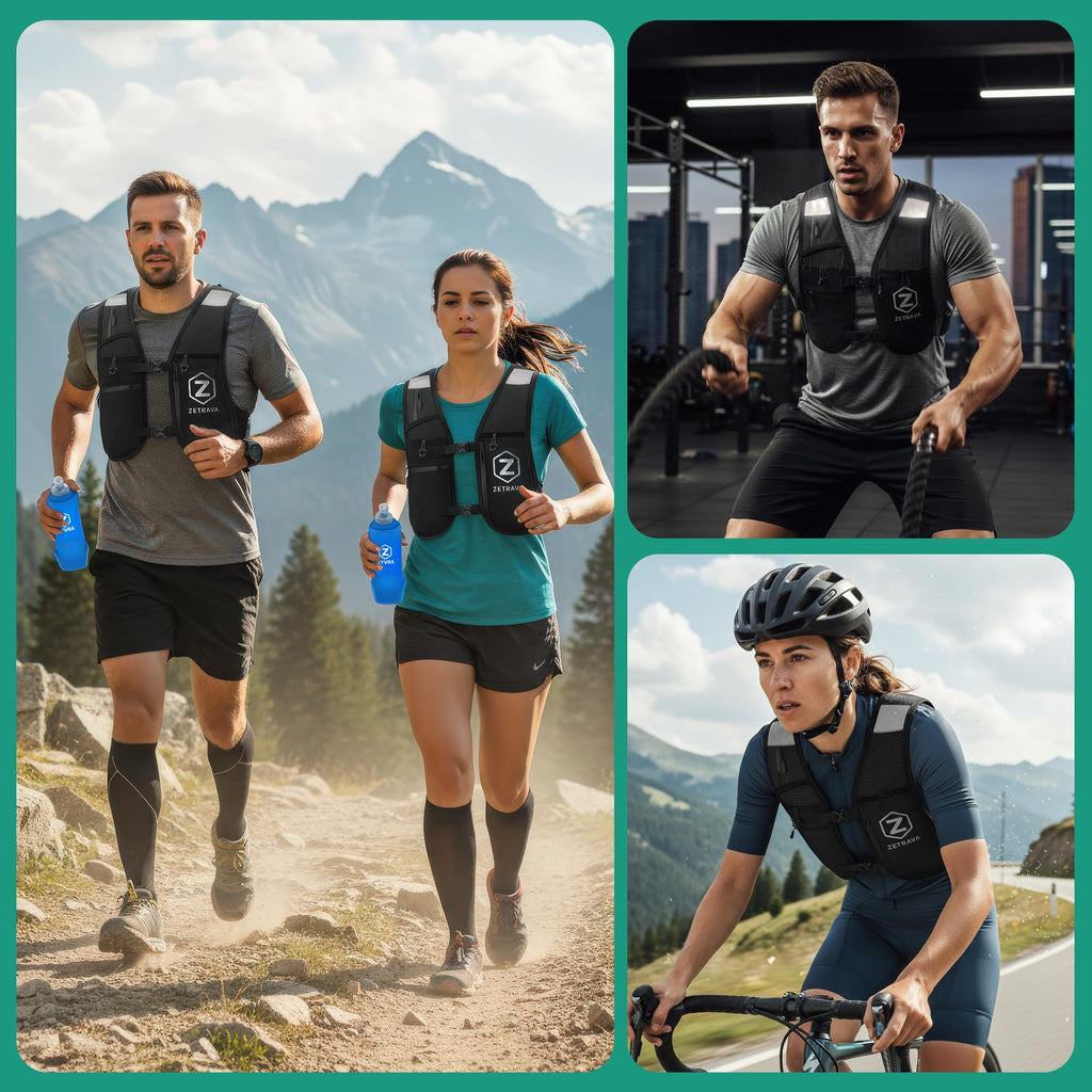 Adjustable Running Vest for Men Women – Running Hydration Vest with Two 500ml/17oz Bottles & Reflective Strips, Multiple Pockets & Bounce-Free Fit – Runners Vest for Marathon, Hiking & Cycling – Black