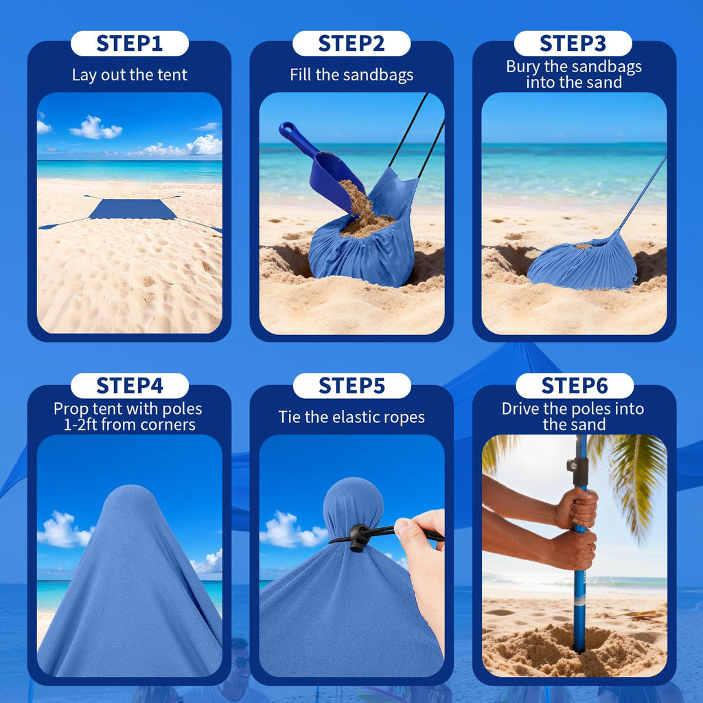 CROWN SHADES 7x7 Beach Tent Sun Shelter, Easy Pop Up Beach Canopy Shade, UPF50+, 2 Poles Adjustable, Blue