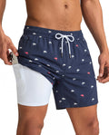 maamgic Mens Swim Trunks with Compression Liner 5 Inch, Quick Dry Bathing Suit with Zipper Pockets, Stretch No-Chafing Swim Shorts, Navy-Mini Shark X-Large