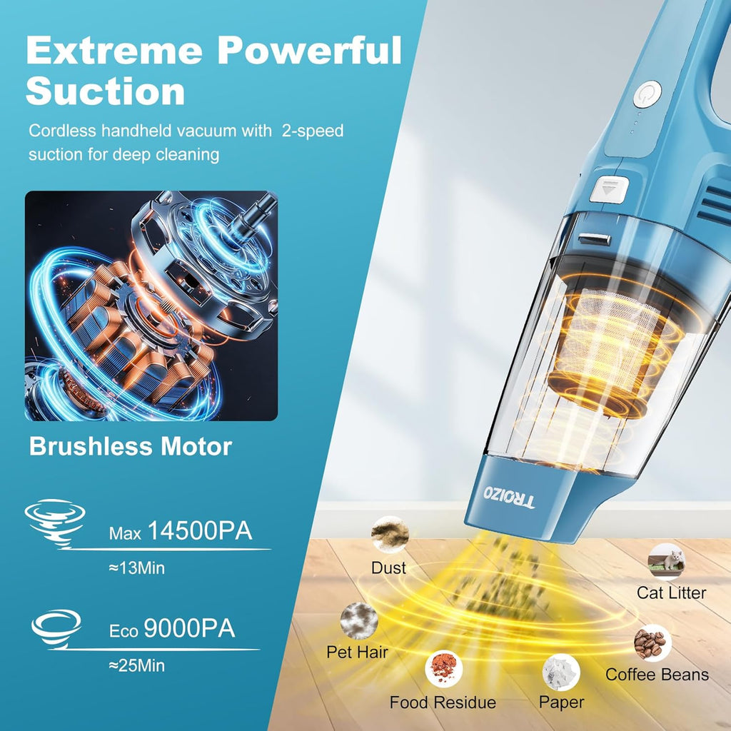 TROIZO Cordless Handheld Vacuum - 14500PA Powerful Suction & Brushless Motor | Portable for Home & Car