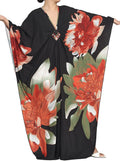 Plus Size Kaftan Dress for Women - V-Neck Batwing Beach Cover Up, Orange & Green Peony