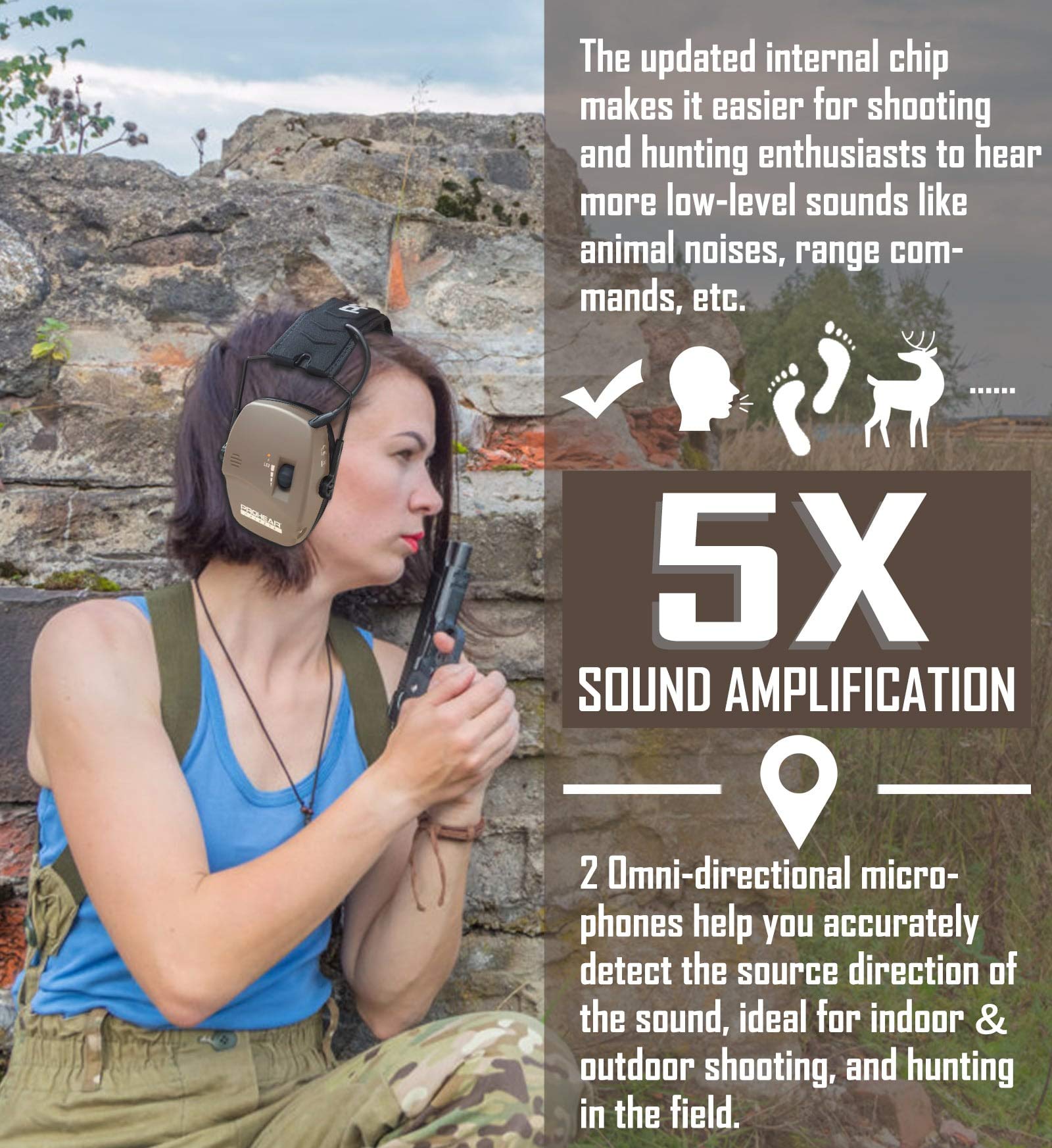 PROHEAR Digital Electronic Shooting Ear Protection Muffs with GEP02 Gel Ear Pads, Hunting 5X Sound Amplification Earmuffs, NRR 23dB Low Profile Hearing Protection for Gun Range - Brown