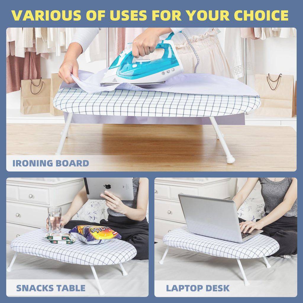 Storage MANIAC Tabletop Ironing Board with Folding Legs, Extra Wide Countertop Ironing Board with Cotton Cover, Portable Mini Ironing Board for Sewing, Craft Room, Household, Dorm, Blue